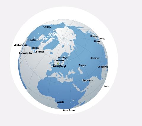 Globus med markering af Verdens Energibyer